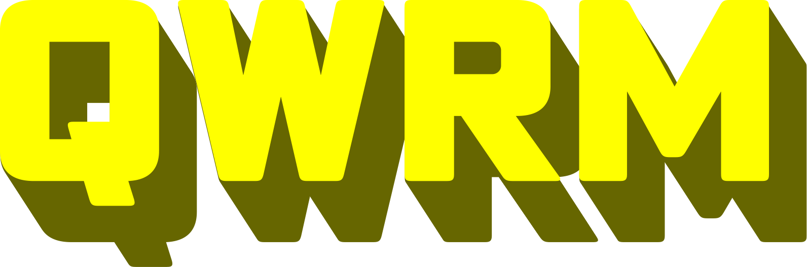 QWRM in yellow block letters with shadow